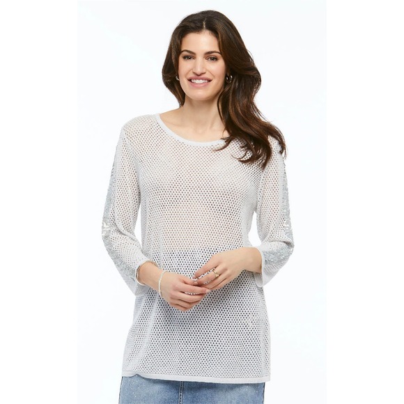 Women's Silver Mesh Top Size S Long Sequin Sleeve Casual Stylish ORLY NWT - Picture 1 of 1